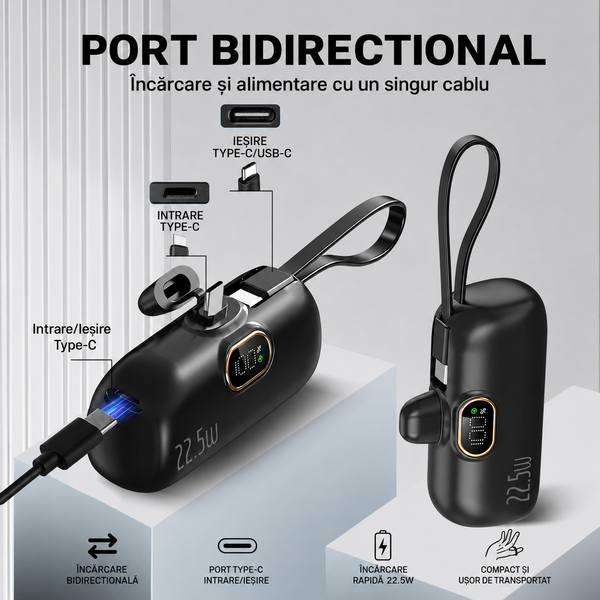 Mini Baterie Externă 22.5W – Încărcare Rapidă USB-C