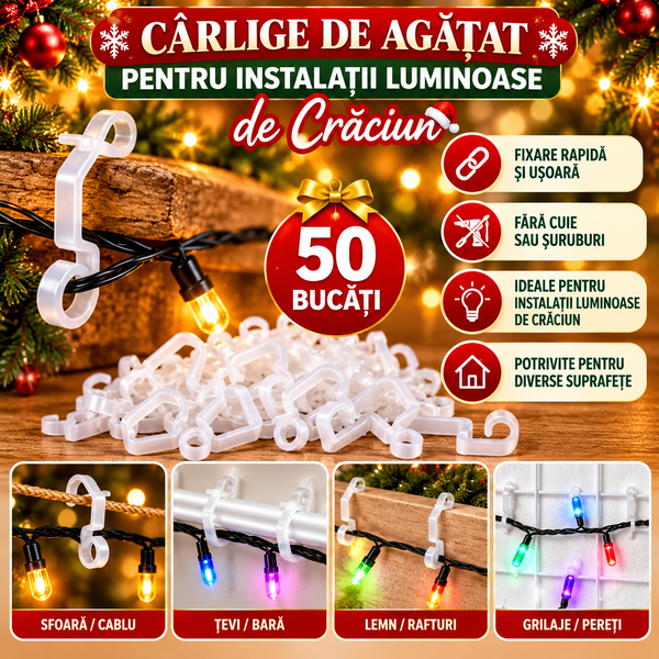 Cârlige pentru Instalații Luminoase – Fixare Fără Găuri, Set 50 Bucăți