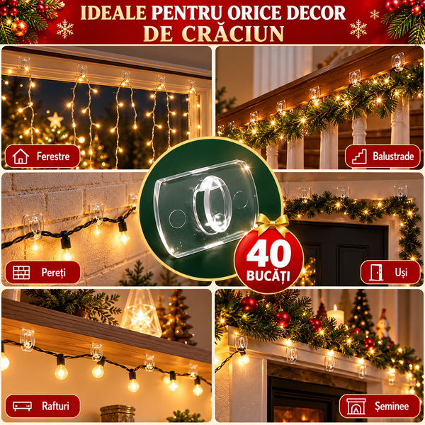 Set 40 Cârlige Adezive Transparente pentru Instalații Luminoase de Crăciun