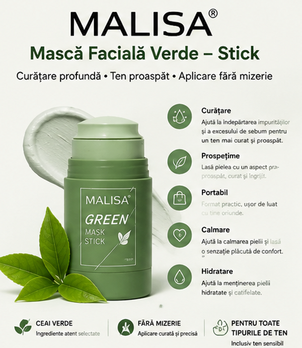 MALISA® Mască Facială Verde – Stick – Curățare Profundă & Îngrijire